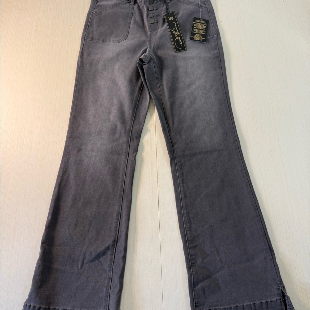 Diane Gilman DG2 Grey Button Fly Bootcut Jeans Split Hem Size M New